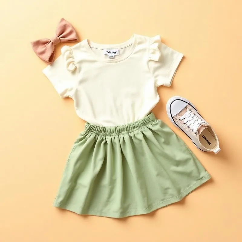 Cute casual kids outfits for girls set with cream tee and sage skirt